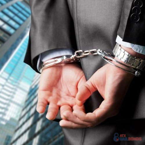 Close Up of Hands Cuffed, Business Man in a Suit Corporate Buildings in Background